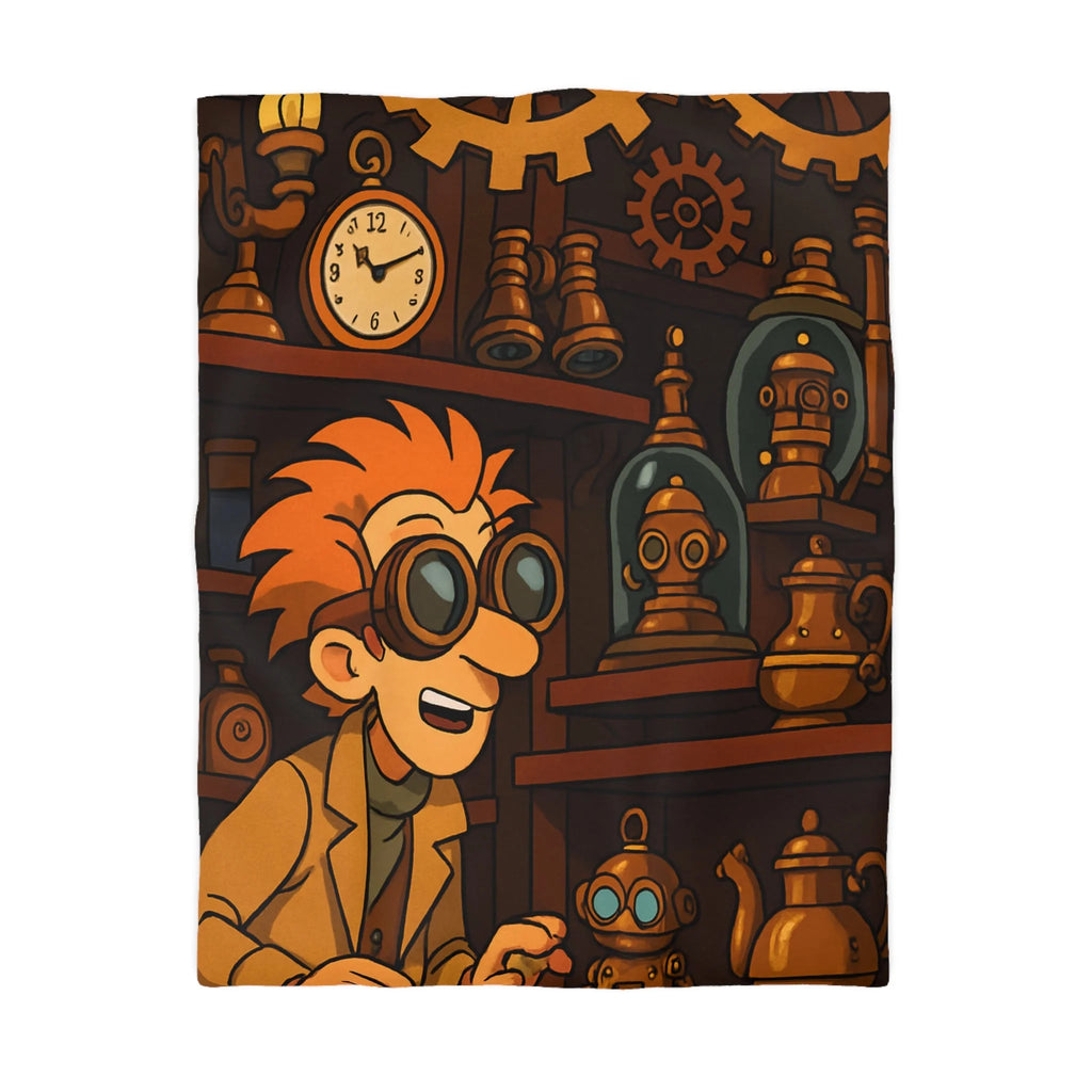 Housse de couette steampunk avec engrenages dorés et inventeur aux lunettes futuristes