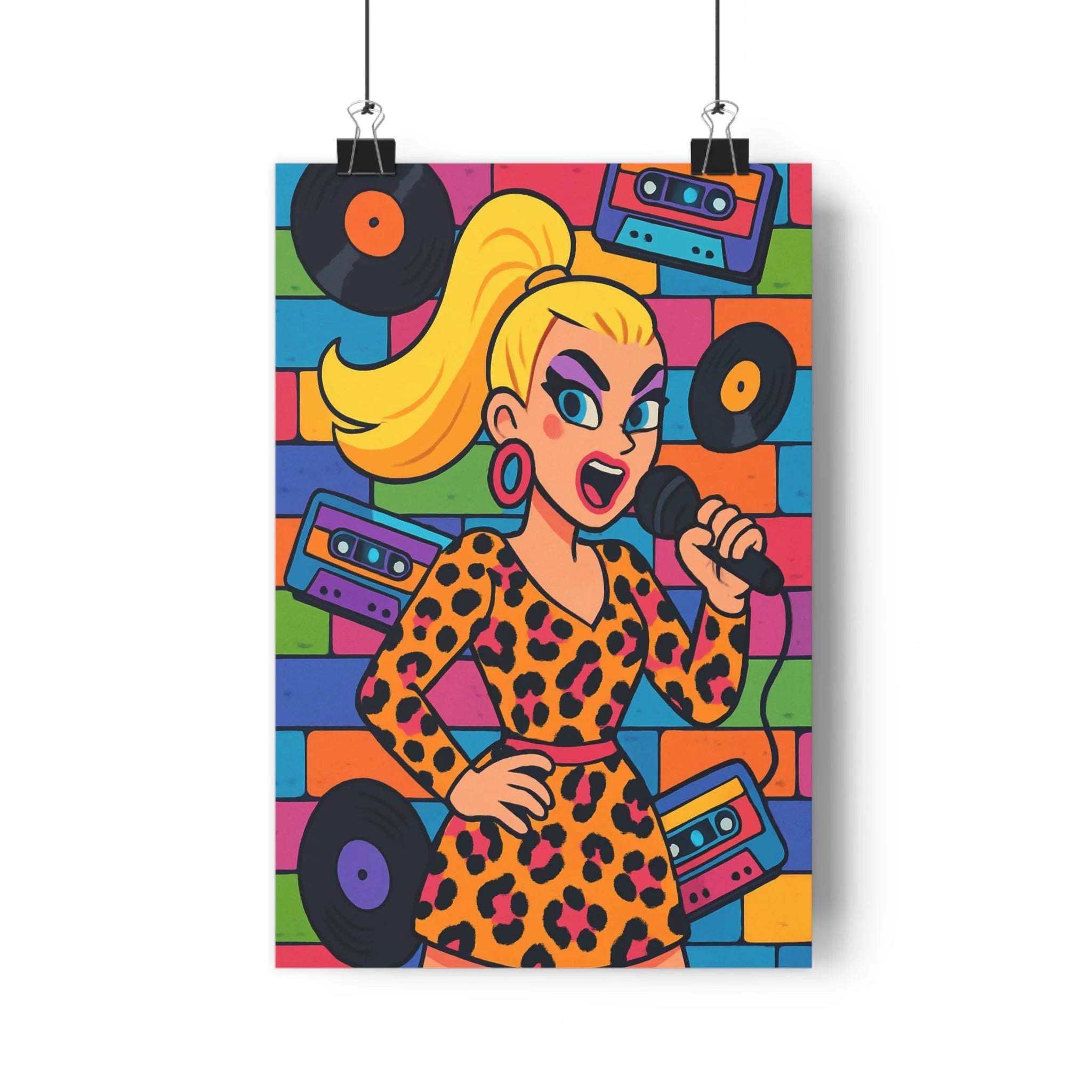 Poster décoratif chanteuse années 80 léopard microphone vinyle rétro coloré vibrant salon chambre tendance