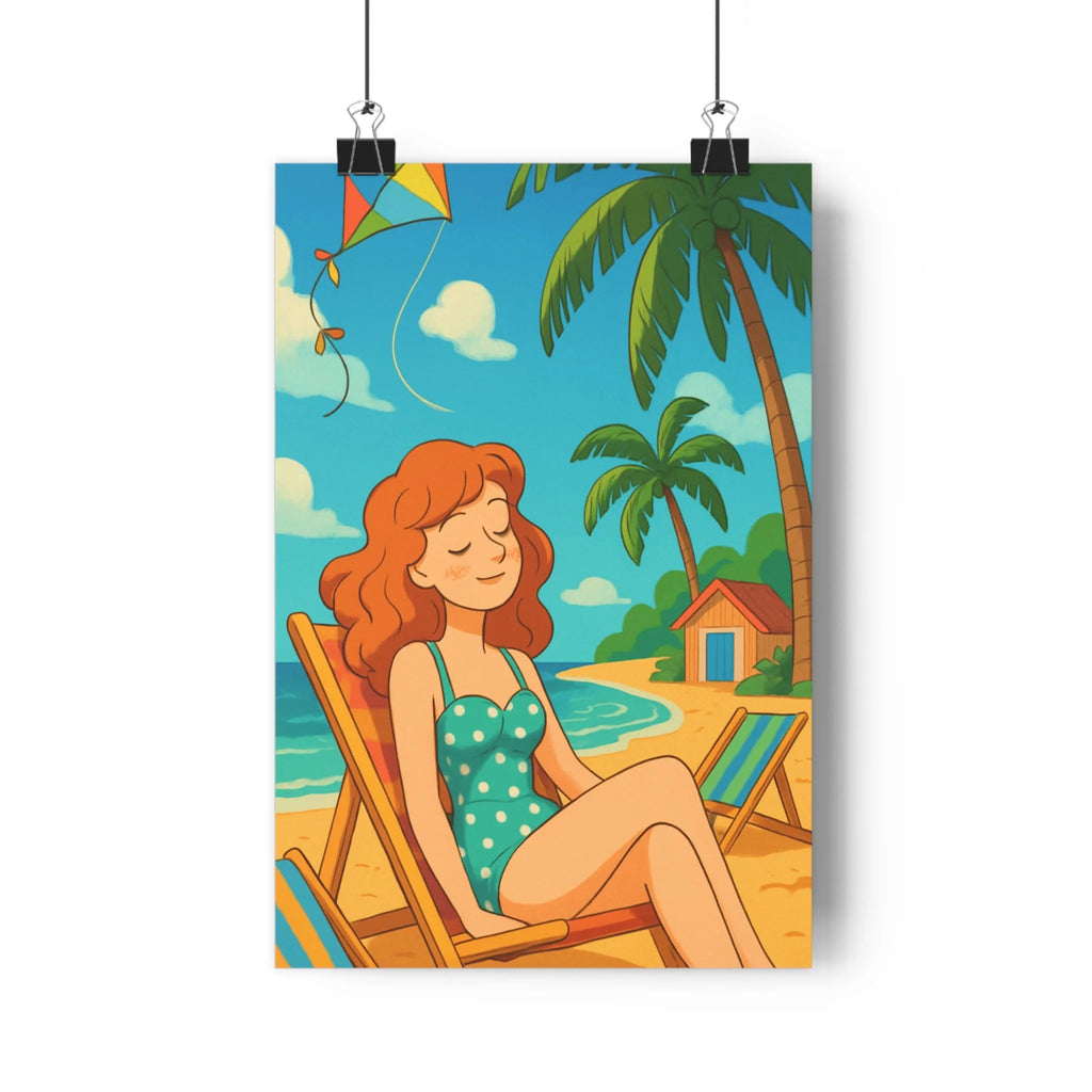 Poster décoratif vintage plage ensoleillée femme détendue rétro joyeux salon chambre couleurs vives qualité