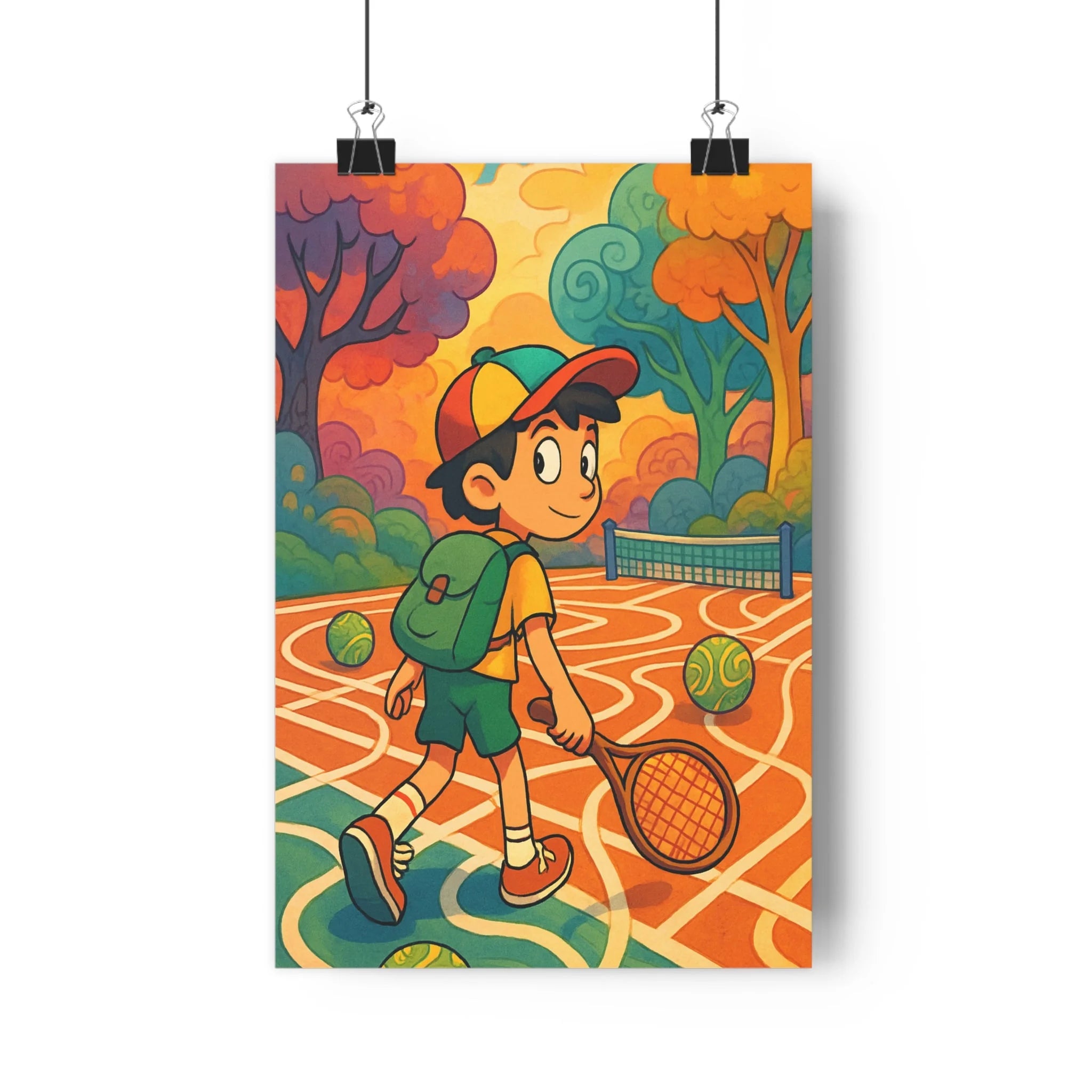Poster décoratif enfant tennis coloré vibrant joyeux chambre ludique court raquette sport jeune joueur