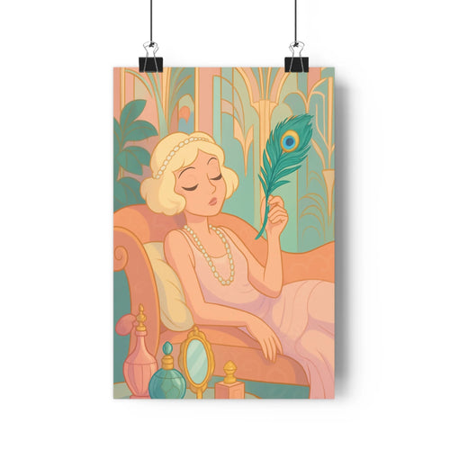 Poster élégant femme plume perles motifs floraux géométriques chaîne coiffe confortable vases plantes verts roses salon chambre sophistiquée