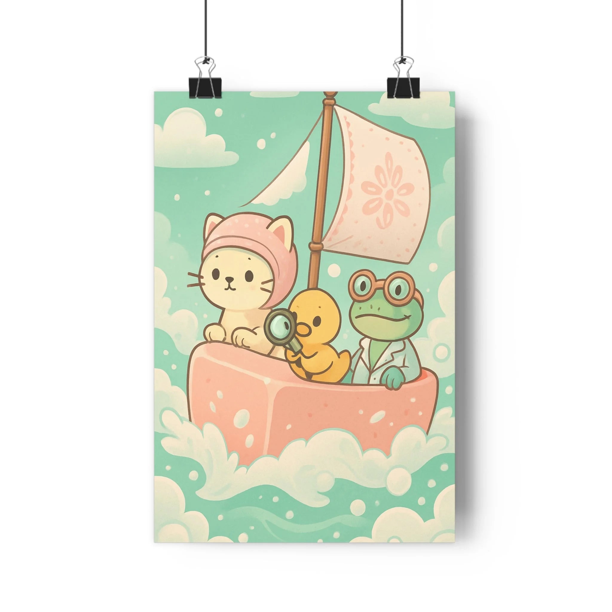 Poster décoratif cartoon aventure bleu blanc amusant salle bain enfant 30x46 chat canard grenouille