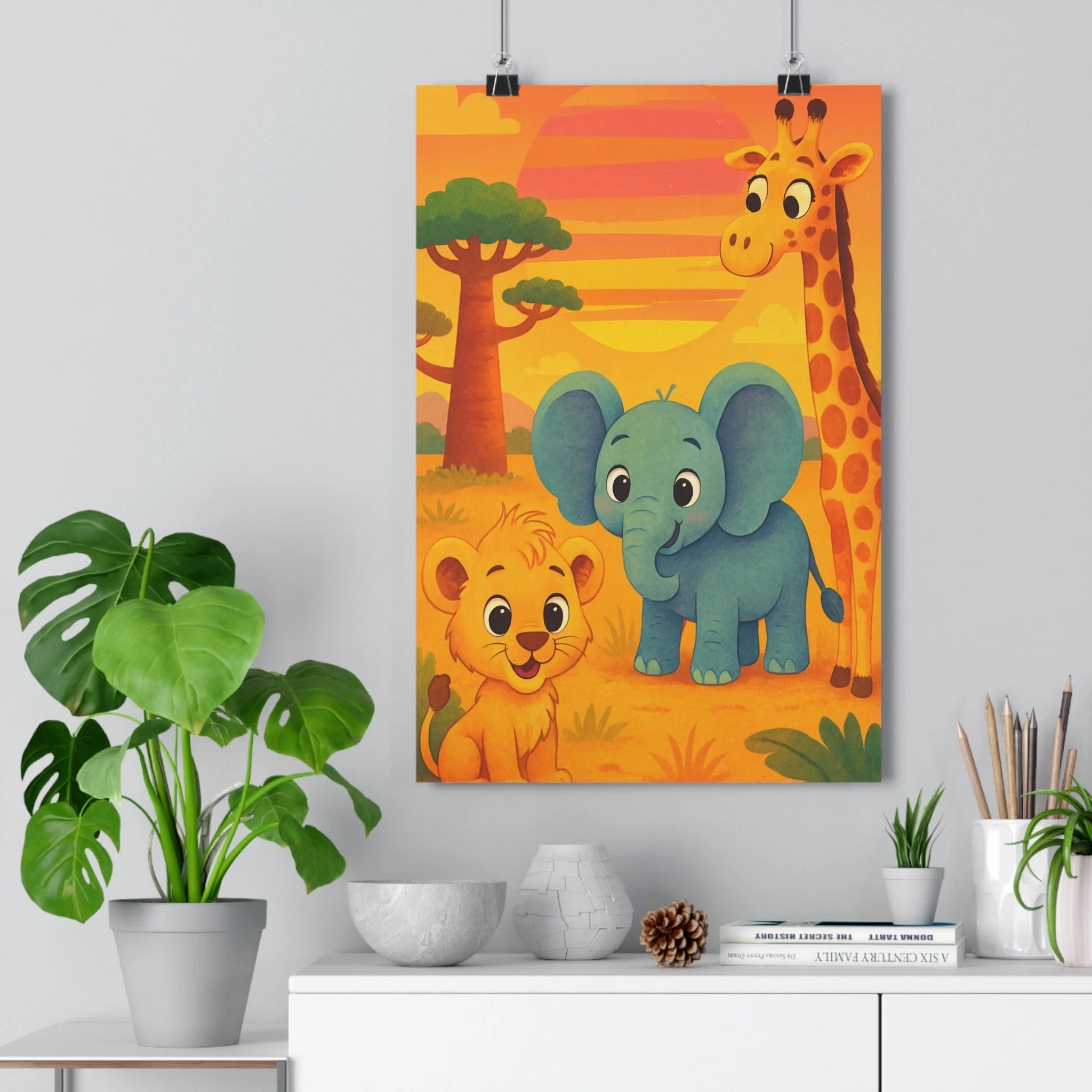 Poster décoratif safari enfant cartoon coloré joyeux lionceau éléphant girafe orange jaune chambre 30x46