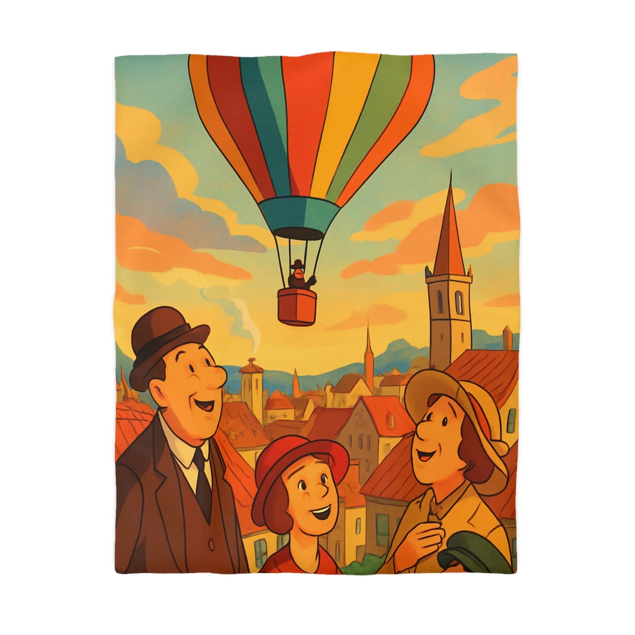 Housse de couette vintage avec montgolfière colorée et paysage urbain animé