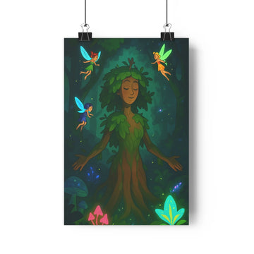 Poster arbre feuilles bras fées ailes champignons fleurs étoiles ciel nocturne couleurs vertes bleues noires ambiance féerique magique naturelle chambre