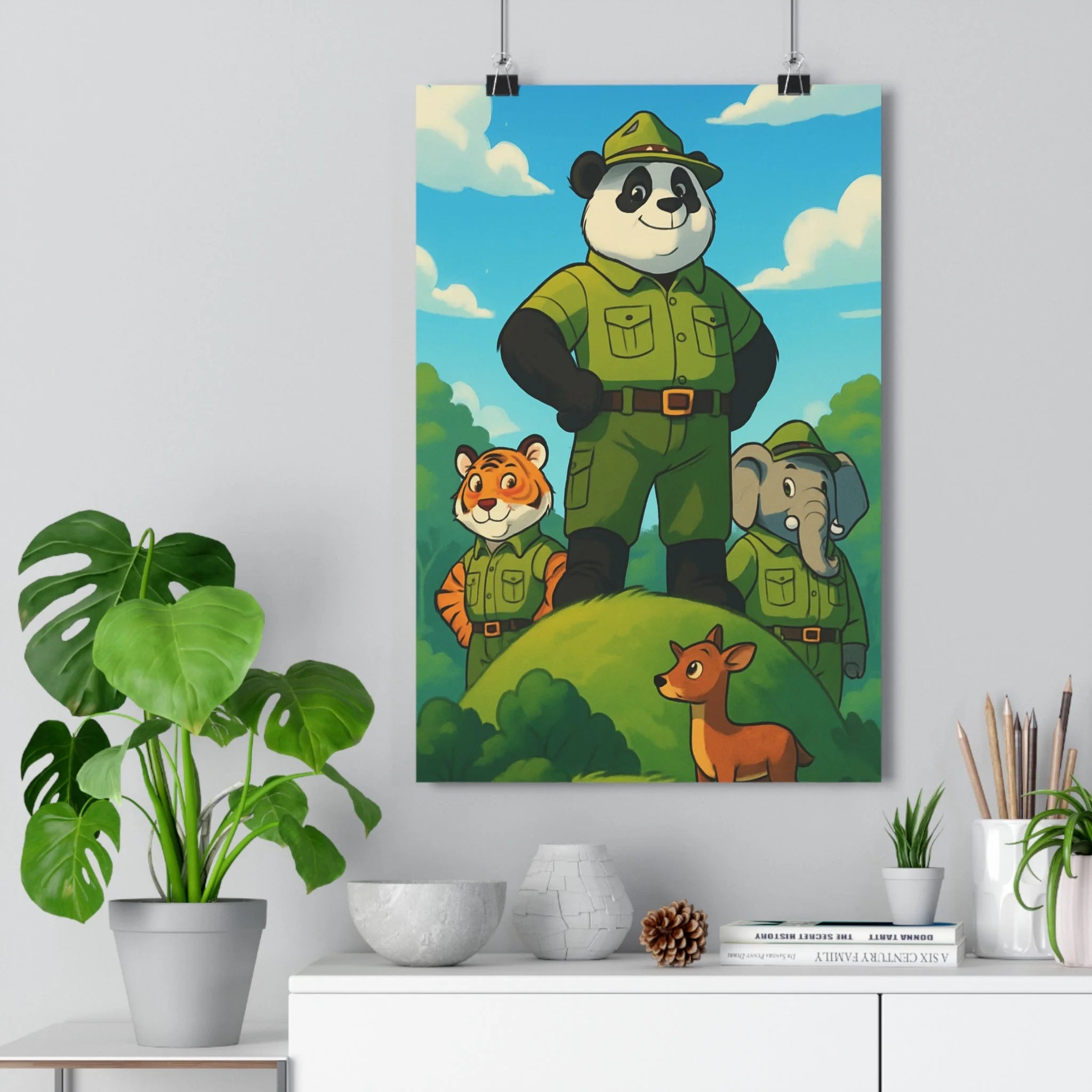 Poster décoratif coloré cartoon nature joyeux panda tigre éléphant enfant chambre mur faon garde