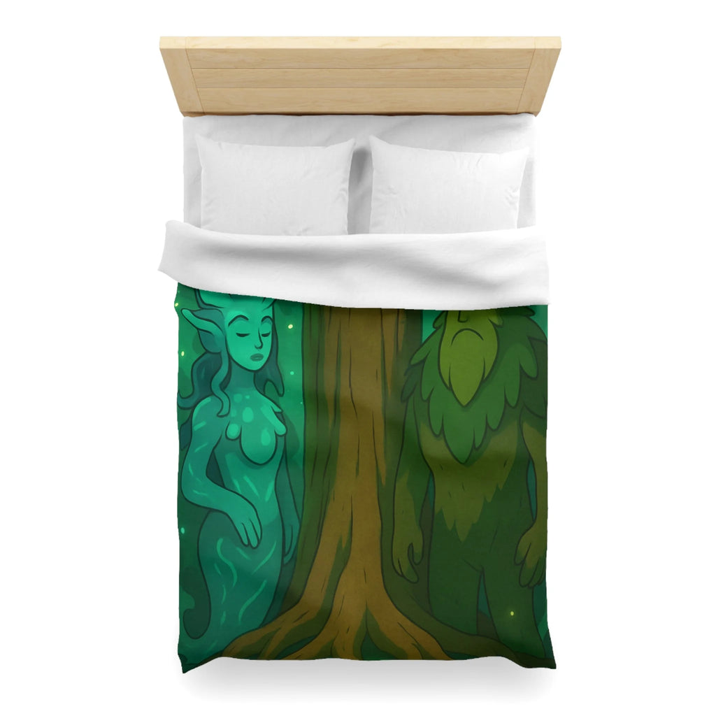 Housse de couette mystique forêt avec figures élémentaires, arbre central et ambiance sereine