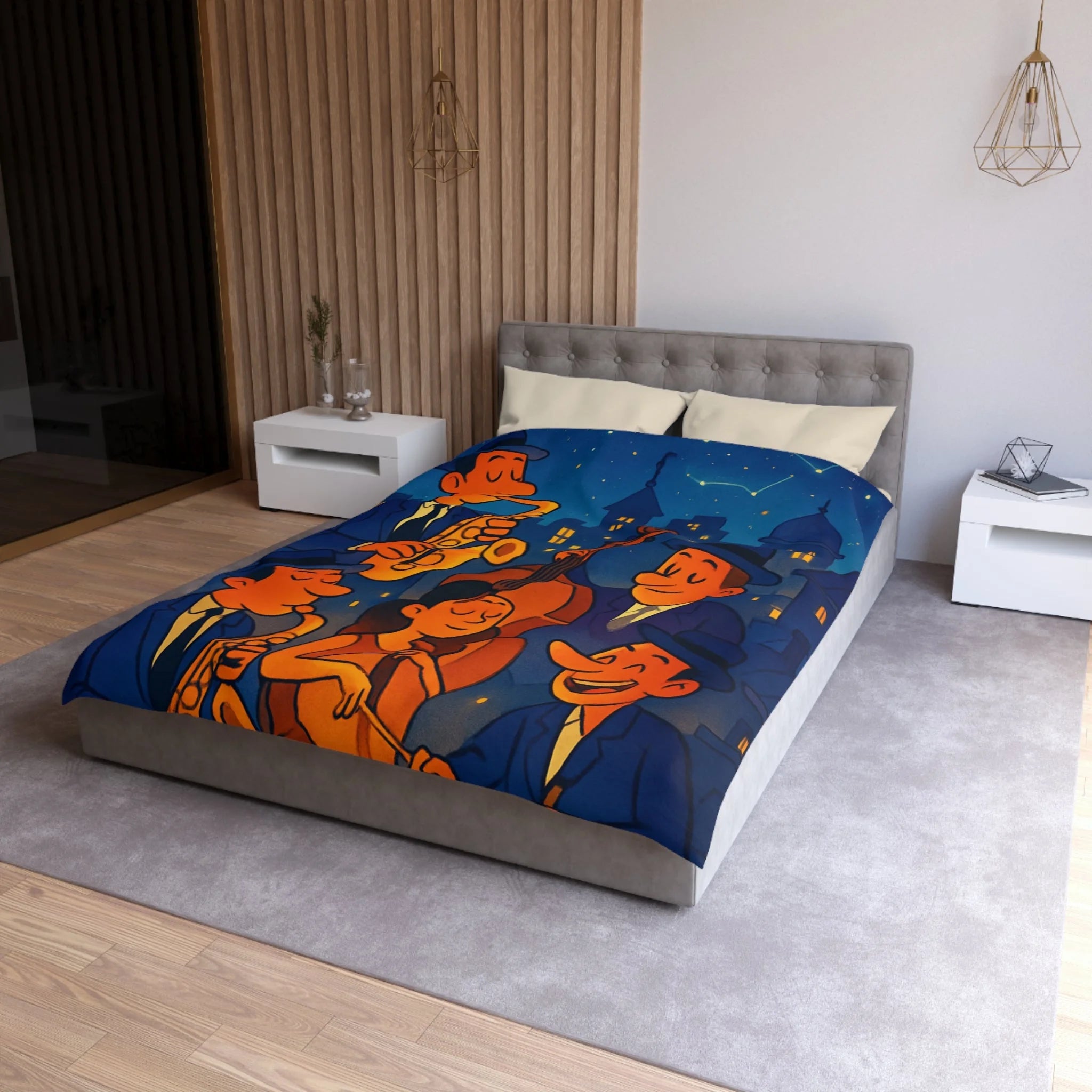 Housse de Couette pour Passionnés de Jazz avec Musiciens et Ciel Étoilé Vibrant