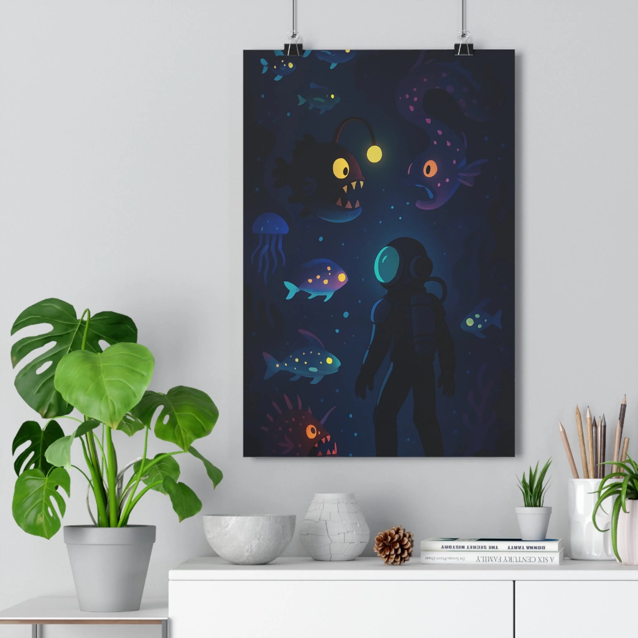 Poster décoratif mystique cartoon sousmarin lumineux bleu vert océan chambre enfant moderne créatif captivant