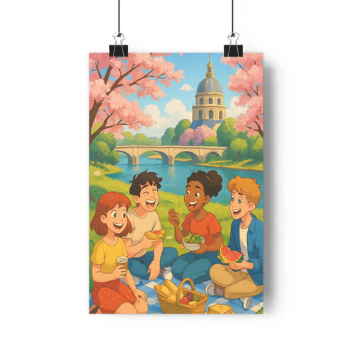 Poster enfants pique-nique parc pont fleuri building doré ambiance joyeuse cartoon contours nets couleurs vives décoration salon chambre vibrant contemporain