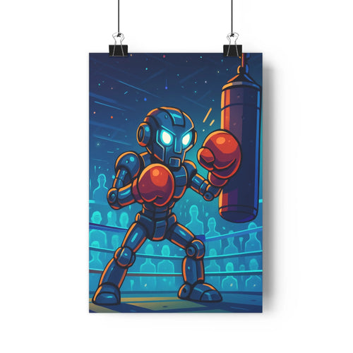Poster robot-boxeur arène étoiles nuit intense sportif gants-sac boxe bleu rouge gris cartoon dynamique chambre bureau