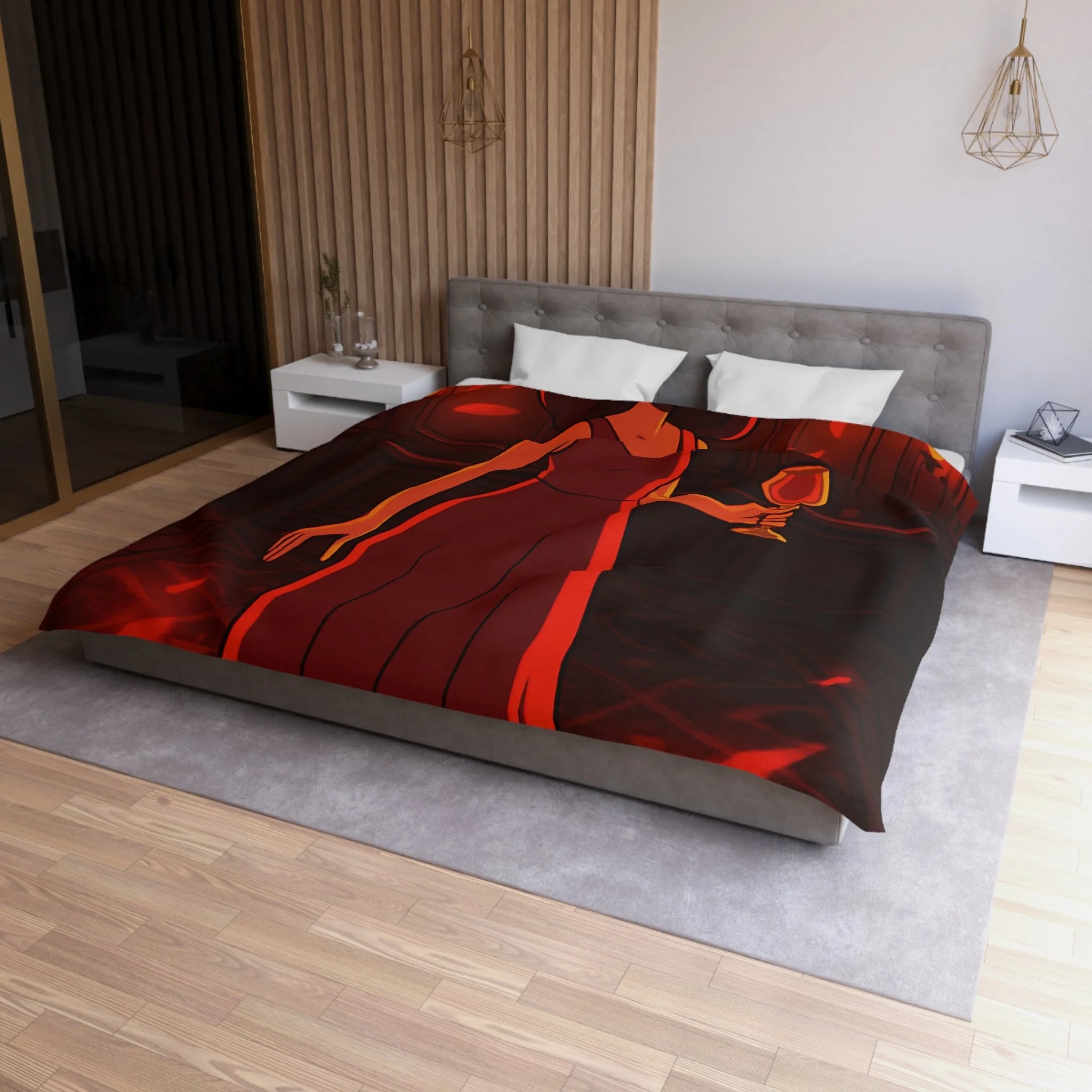 Housse de couette rouge élégante avec motif femme et reflets lumineux mystérieux