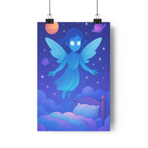 Poster féerique nuit étoiles nuages colorés planètes lune robe bleue ailes blanches lit oreillers rose coussin blanc tons bleus violets