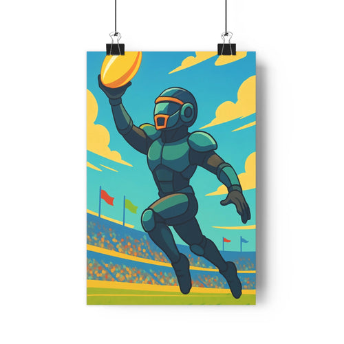Poster sportif saut stade spectateurs drapeaux ciel bleu nuages jaunes orange costume vert moderne dynamique lignes nettes couleurs vives ambiance