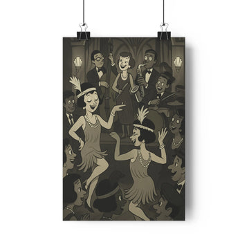 Poster danse joyeuse art déco costumes élégants chapeaux bijoux smoking lumière miroirs gris vintage linear style festive salon chambre