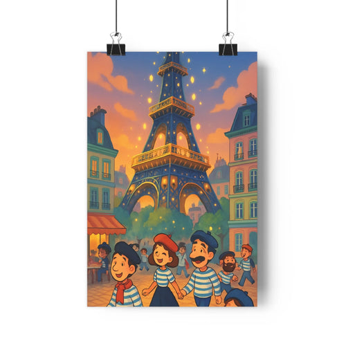 Poster parisien tour eiffel personnages festifs costumes traditionnels maison paris toits pointus marché coloré ciel rose ambiance joyeuse style cartoon
