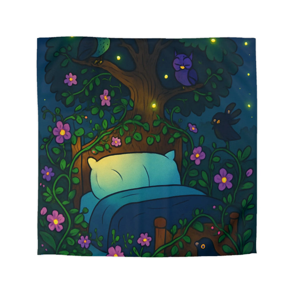 Rêve magique dans une forêt nocturne avec lit et cours d'eau enchanté