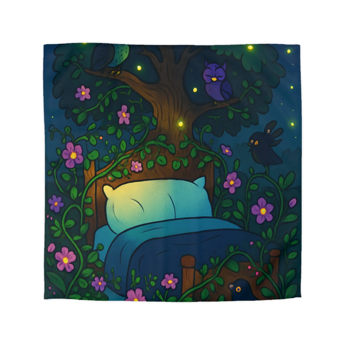 Rêve magique dans une forêt nocturne avec lit et cours d'eau enchanté