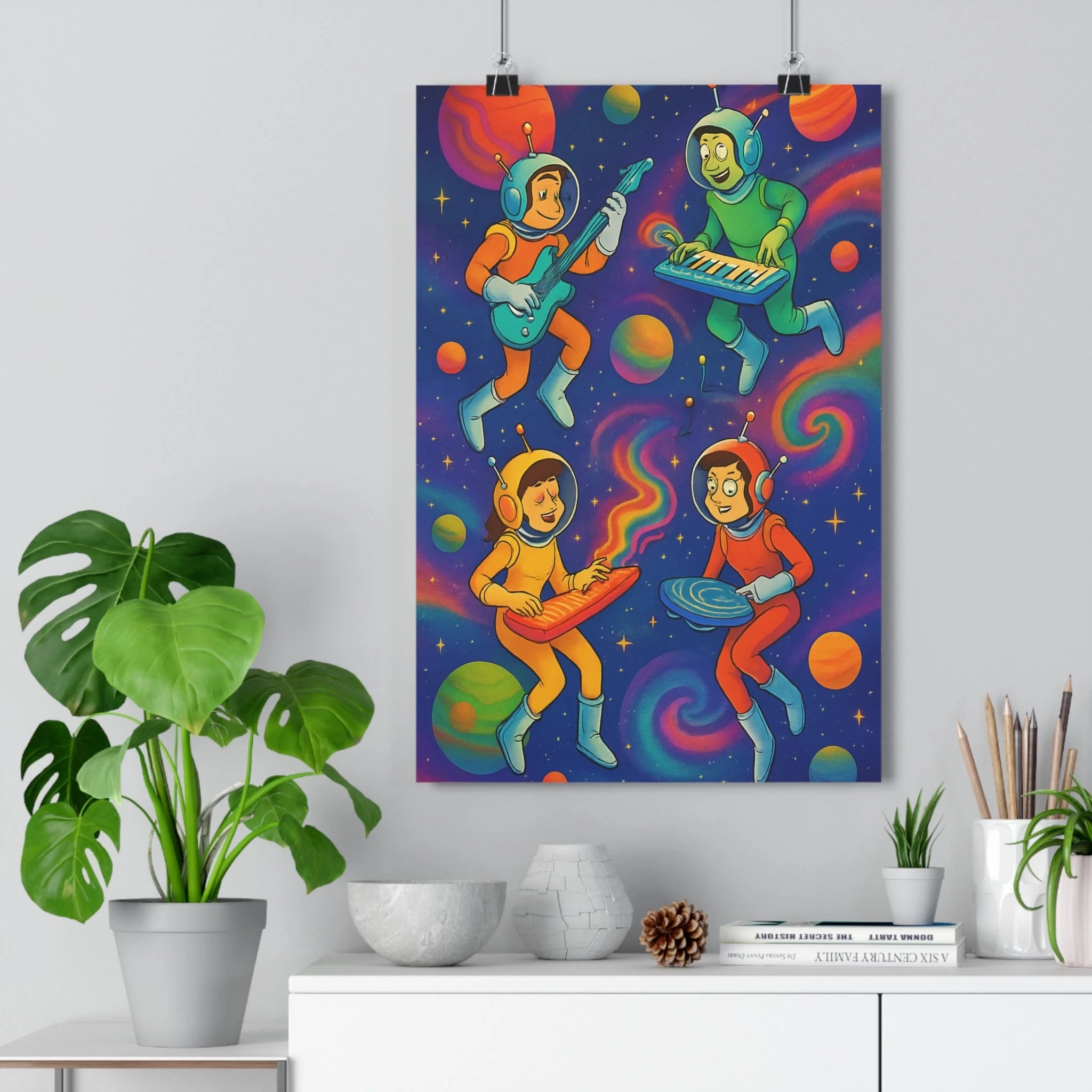Poster décoratif rétro cosmique bleu orange vert joyeux salon musique enfant vibrant tendance artistique