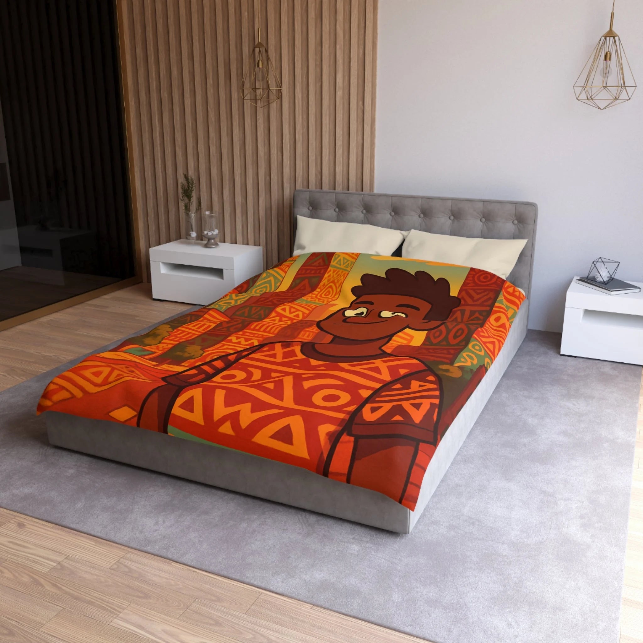 Housse de Couette Personnage Souriant avec Motifs Géométriques et Gratte-Ciel Colorés
