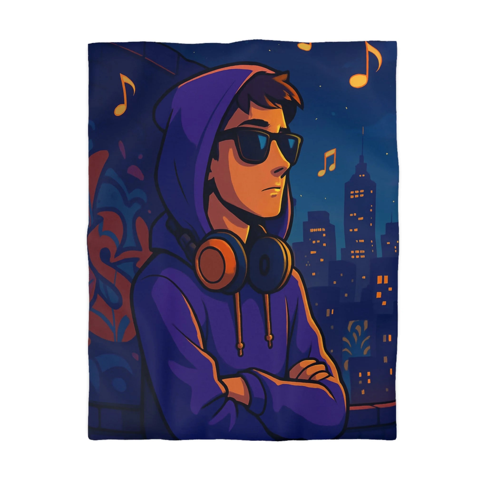 Housse de Couette Style Urbain avec Motifs Musique et Paysage Nocturne Animé