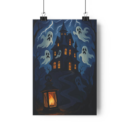 Poster château fantômes lumières oranges branches nuageuses nuit bleue lanterne accueillante ambiance mystérieuse salon chambre style cartoon