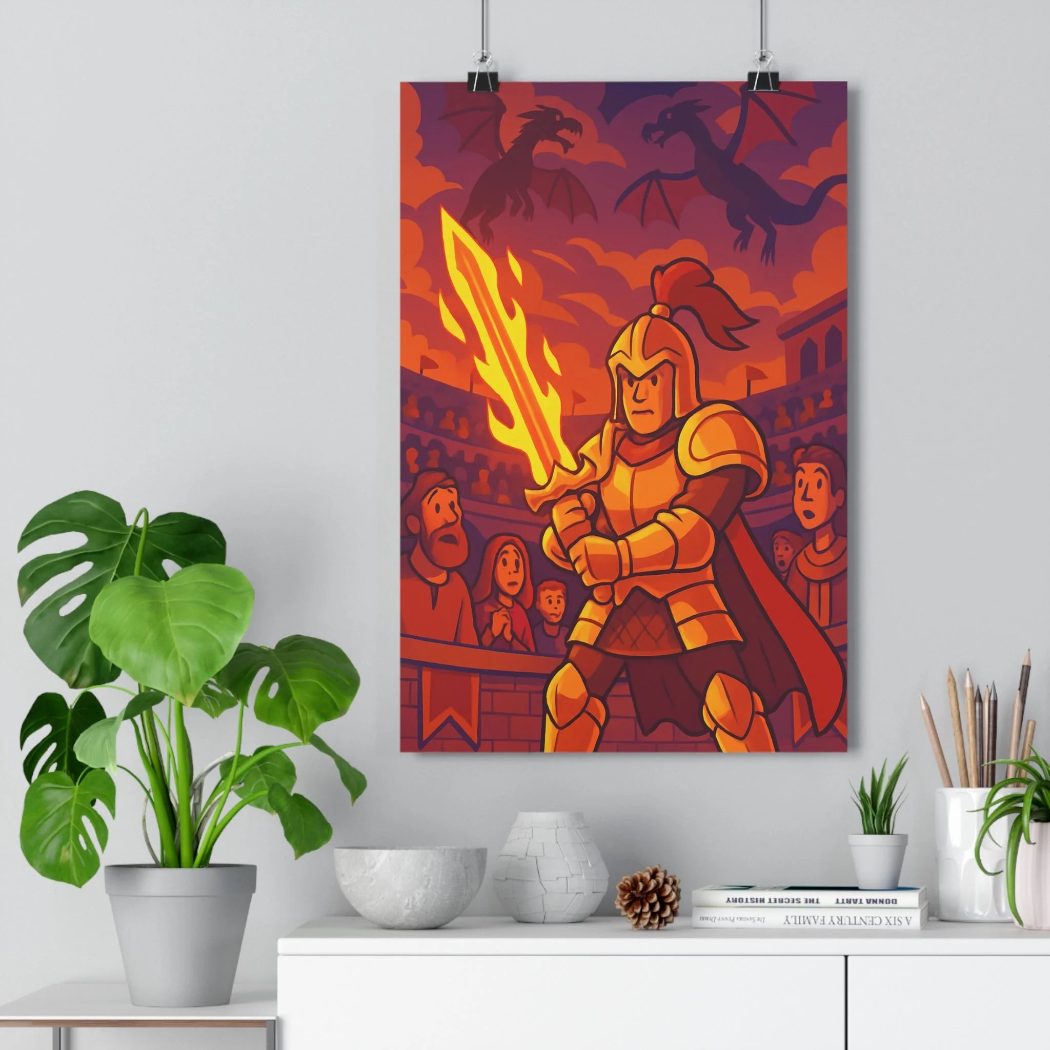 Poster décoratif épique chevalier dragons fantastique orange violet chambre aventure arène flamboyante 30x46 qualité