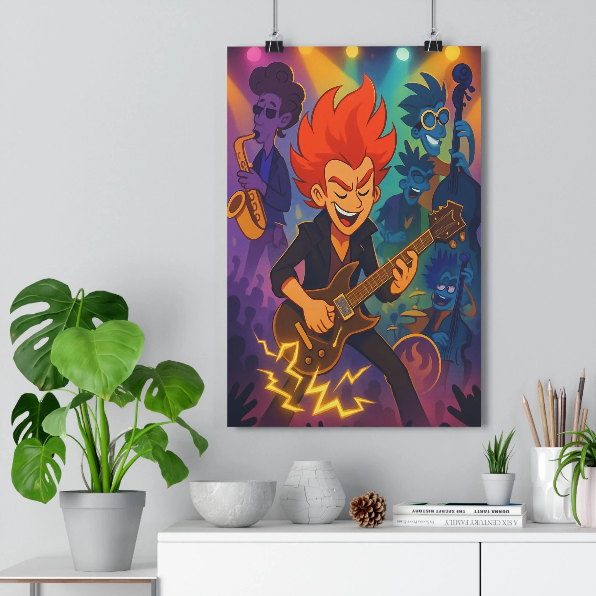 Poster décoratif vibrant rock dessin animé rouge bleu violet salon chambre énergie musiciens performance
