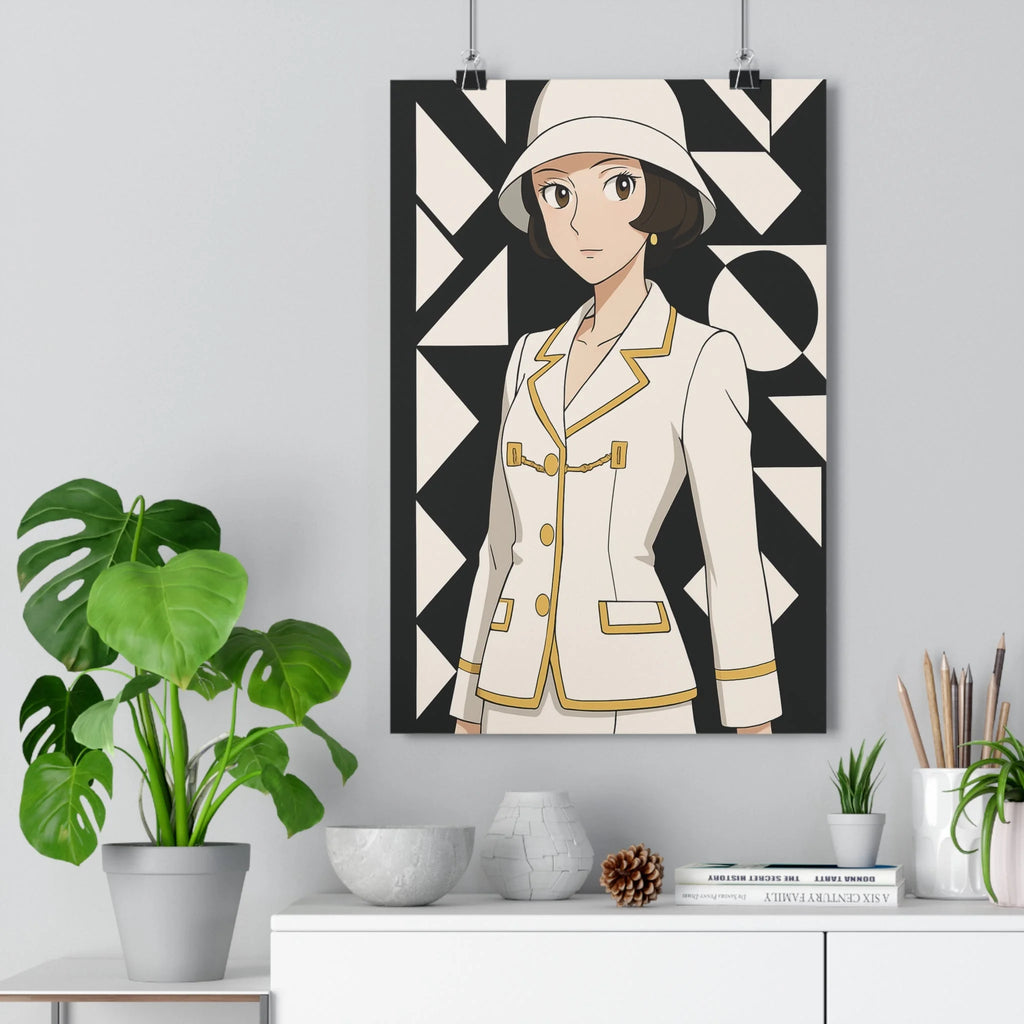 Poster décoratif anime femme moderne élégance blanche dorée géométrique salon chambre contemporaine sophistiquée qualité