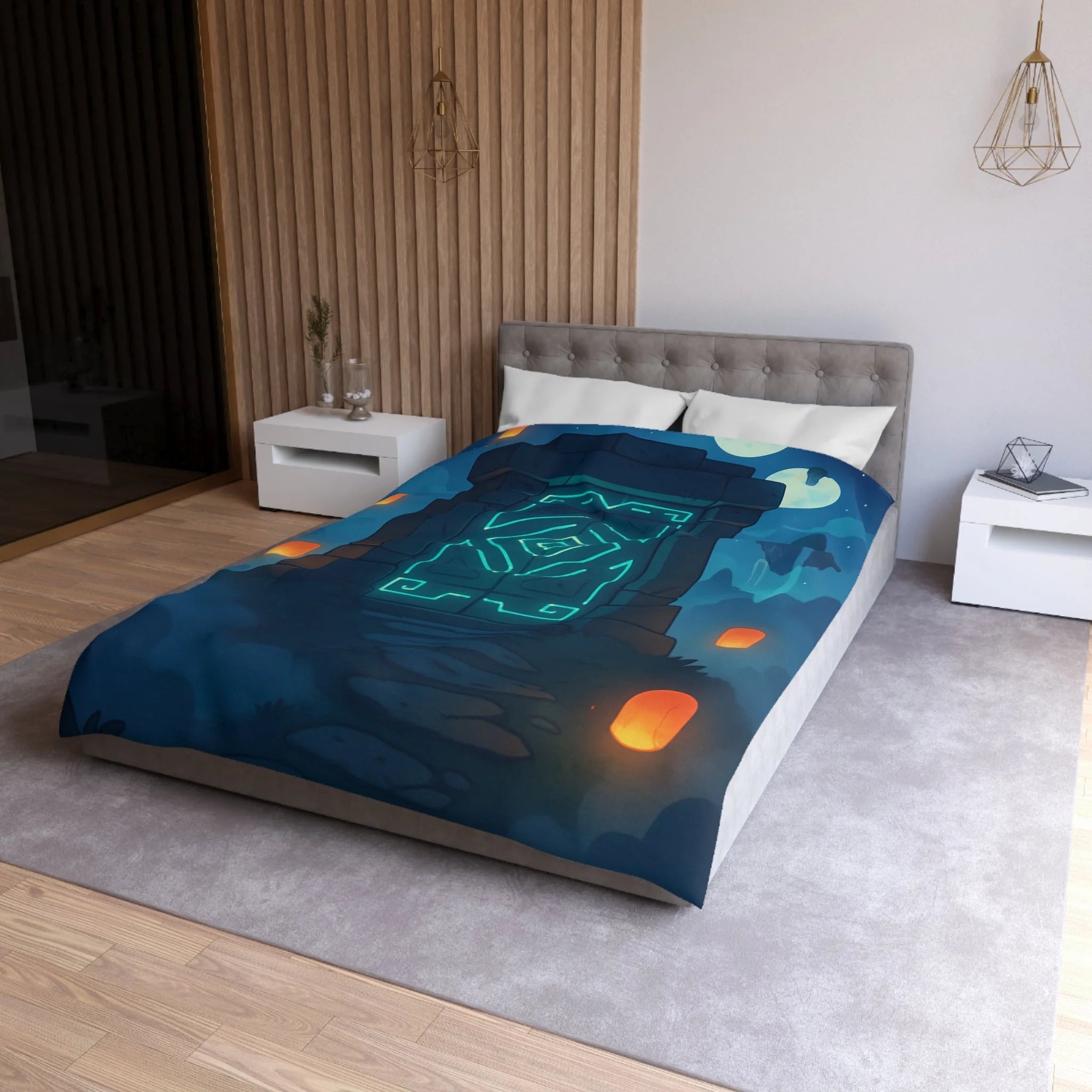 Housse de couette mystérieuse avec portail magique et lanternes flottantes sous ciel étoilé