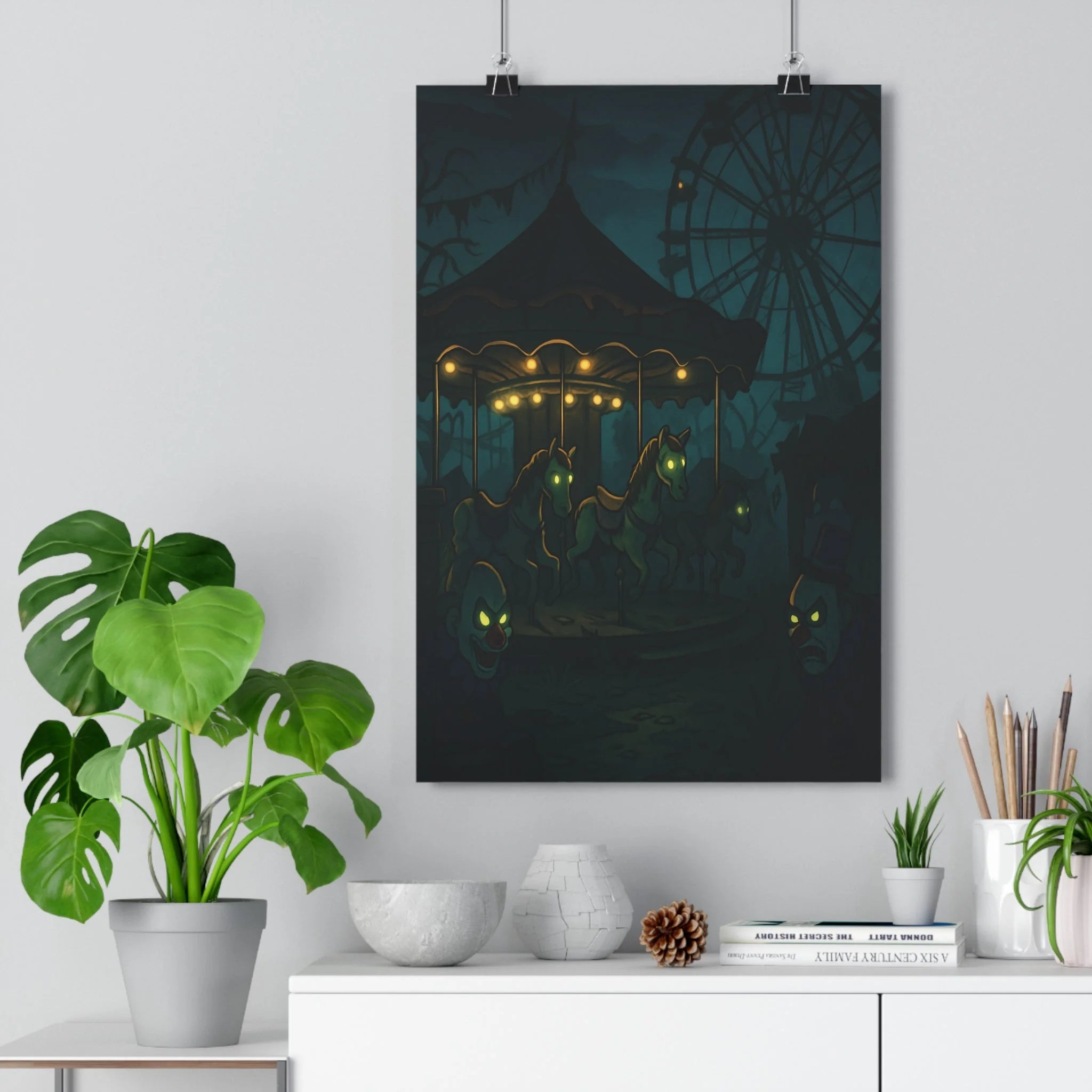 Poster décoratif cartoon sinistre nocturne coloré intrigant ambiance fête foraine chambre salon tendance unique