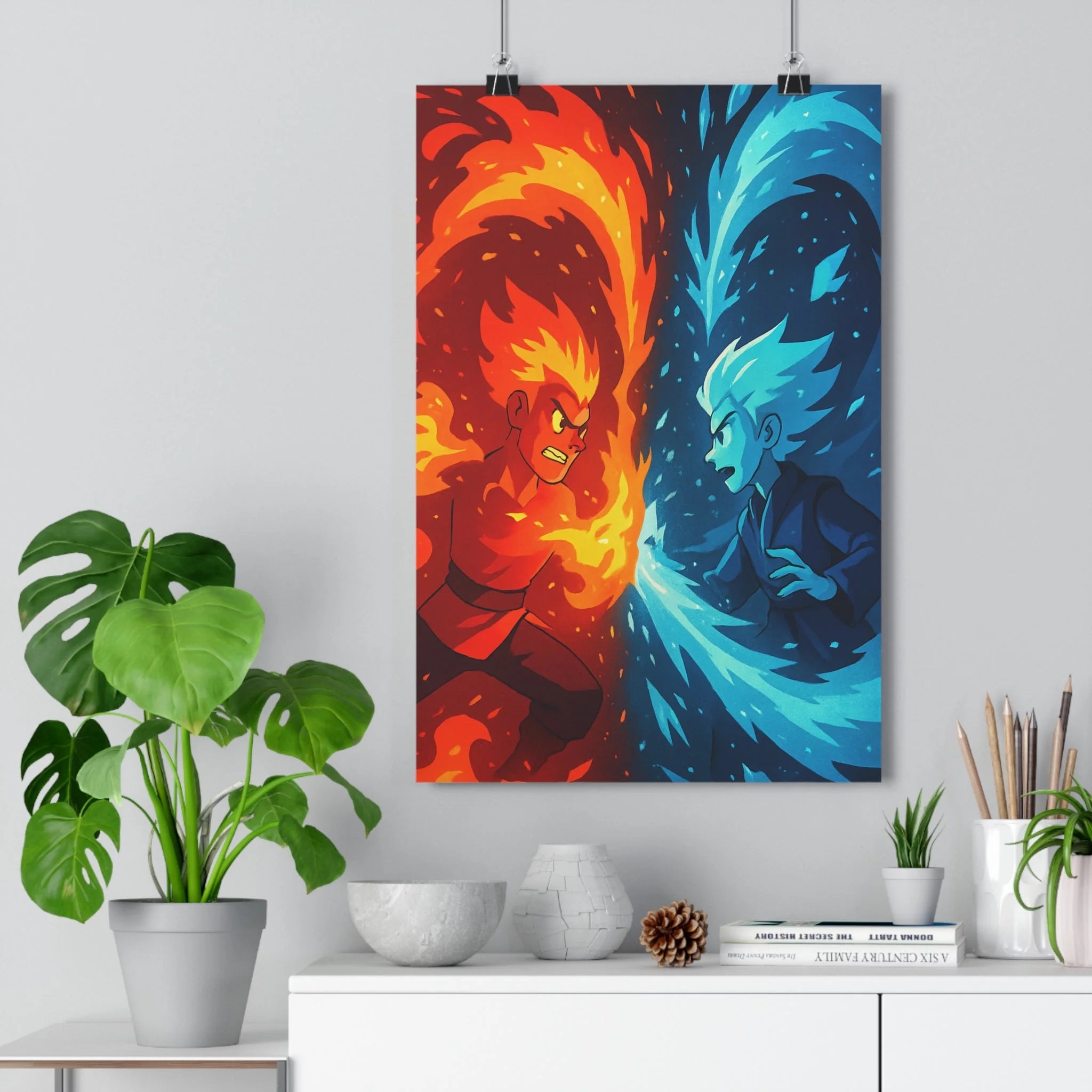 Poster décoratif cartoon flammes vagues dynamique énergétique couleurs vives contrastées chambre salon bureau ambiance