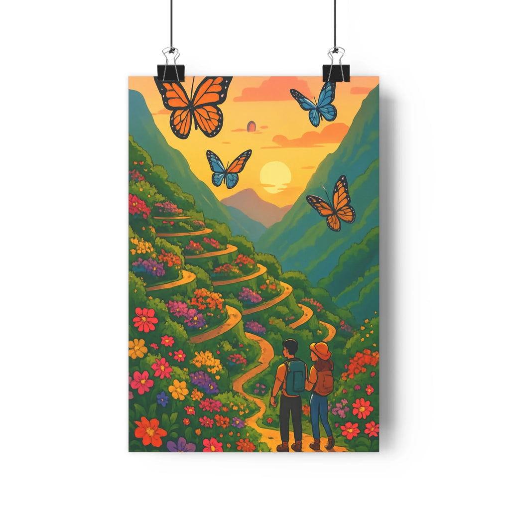 Poster décoratif paysage montagne cartoon couleurs vibrantes aventure enchantement salon chambre nature joyeux élégant