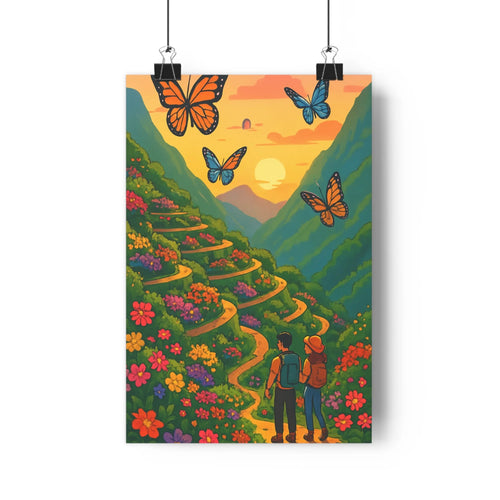 Poster décoratif paysage montagne cartoon couleurs vibrantes aventure enchantement salon chambre nature joyeux élégant