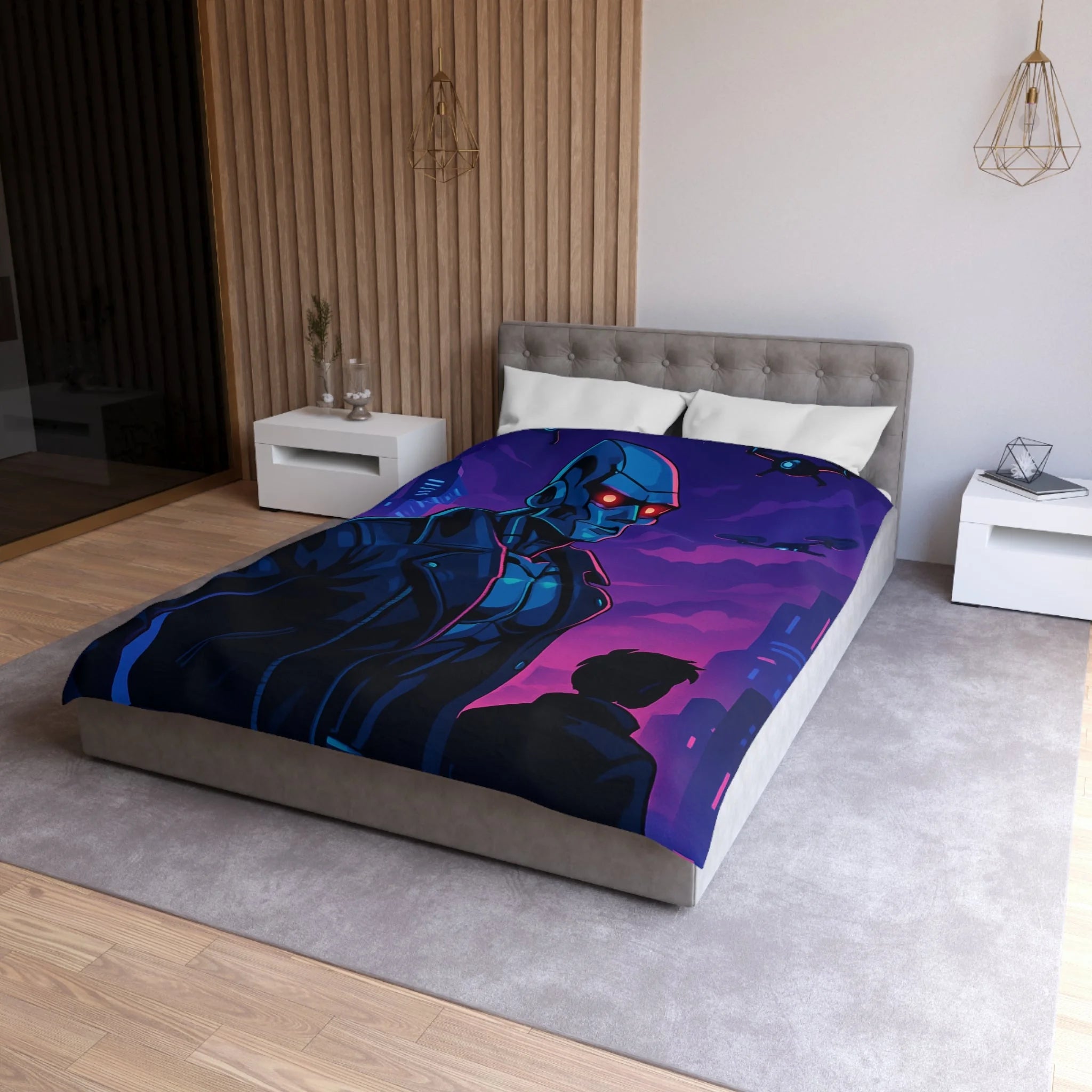 Housse de couette style néon avec robot futuriste et drones en ville de nuit
