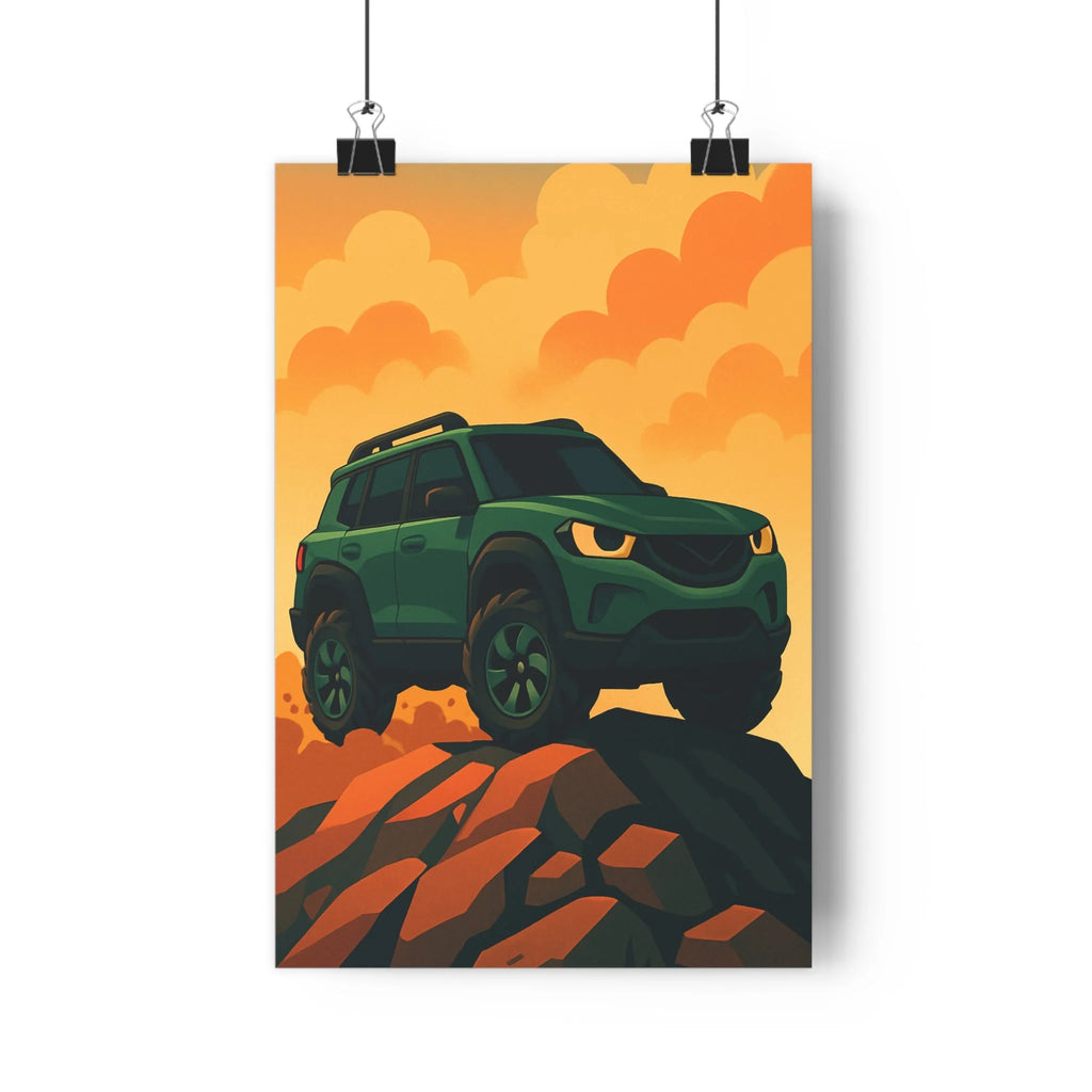 Poster décoratif cartoon voiture verte aventure rocheux orange nuages chambre ado salon 30x46 qualité