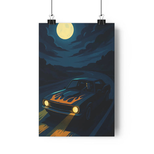 Poster moderne voiture flammes nuit lune bleu noir orange ombres dynamique minimaliste salon bureau
