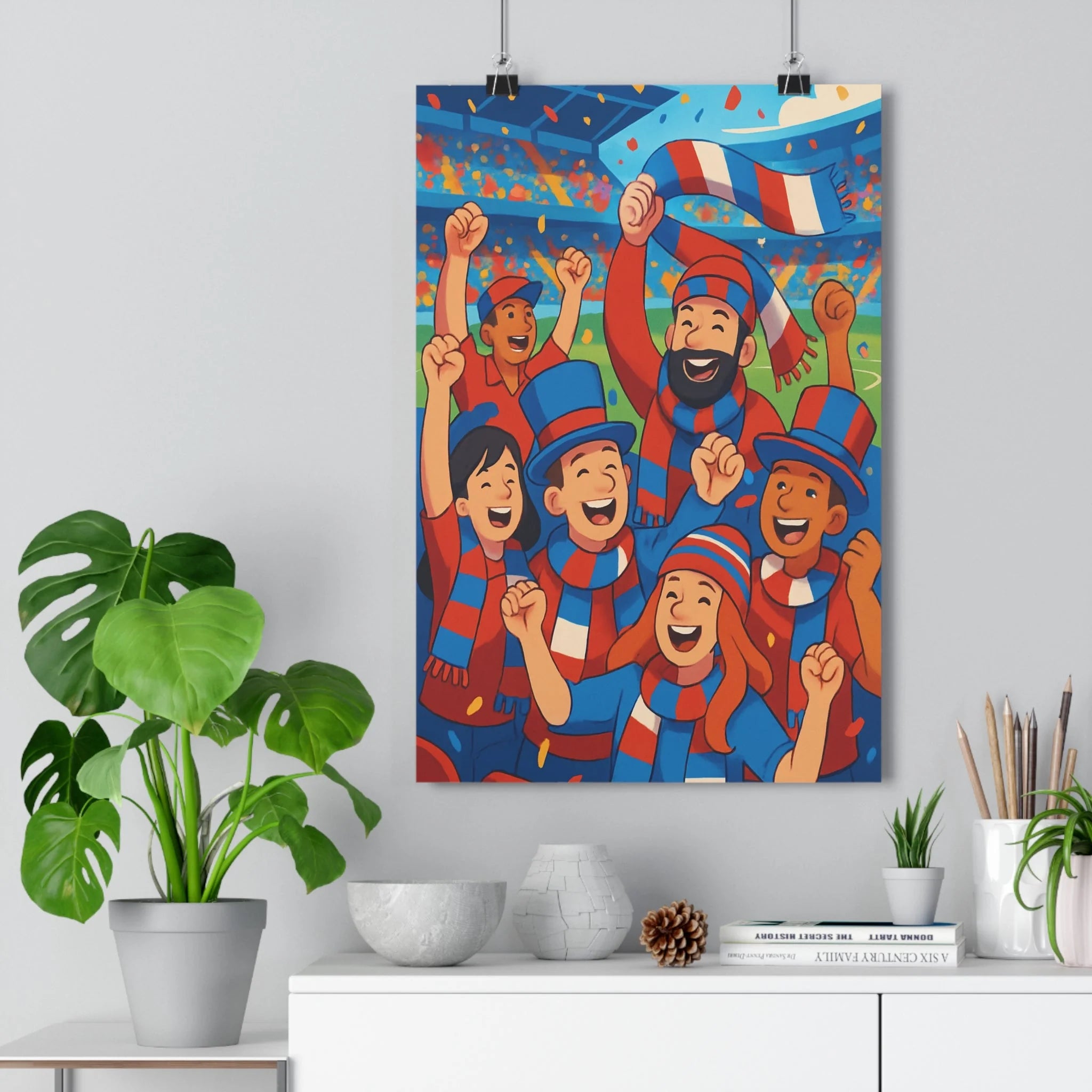 Poster décoratif cartoon bleu rouge blanc joyeux chambre salon dynamique vibrant supporter festif fan