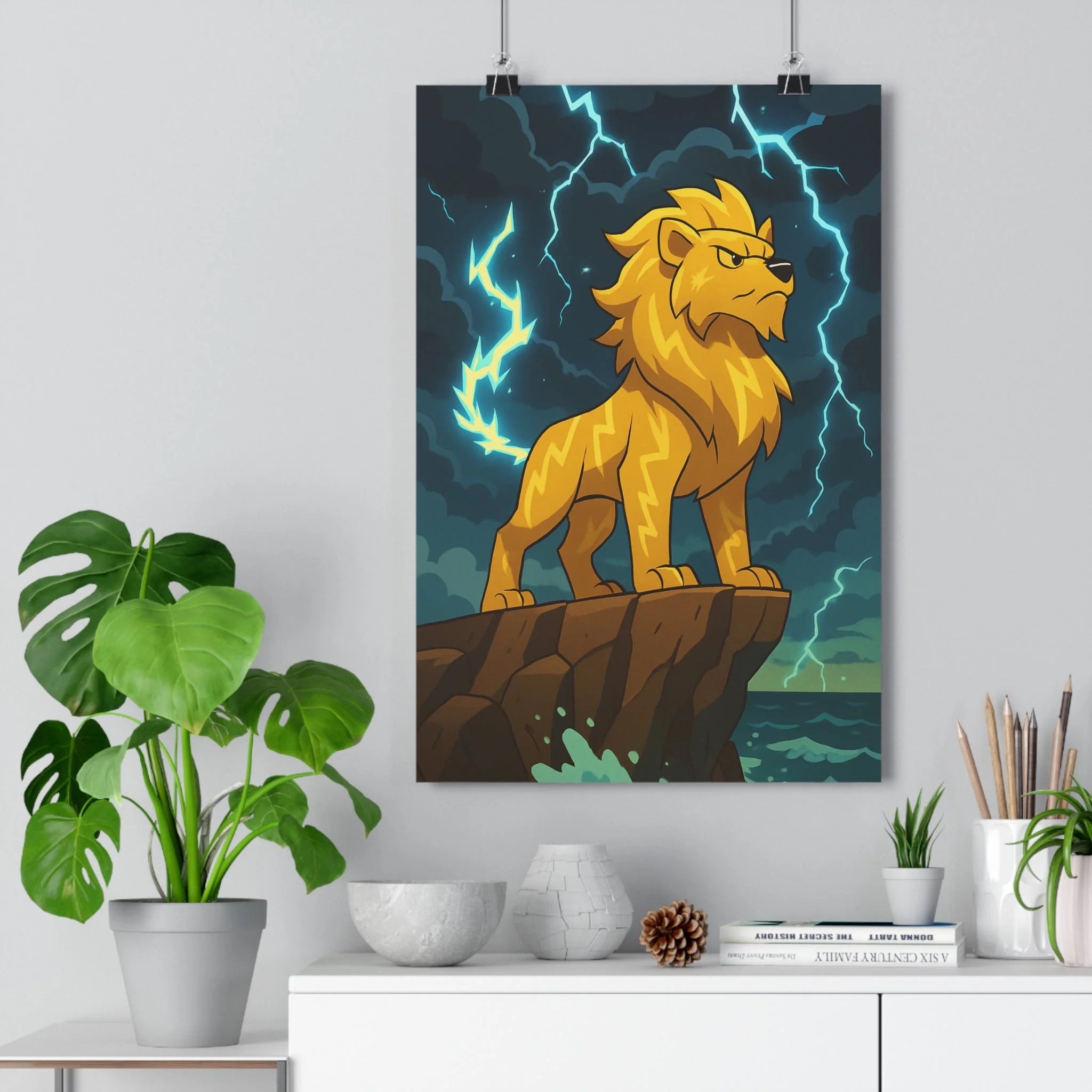 Poster décoratif lion majestueux éclairs jaune épique fantastique bureau chambre art 30x46 dynamique qualité
