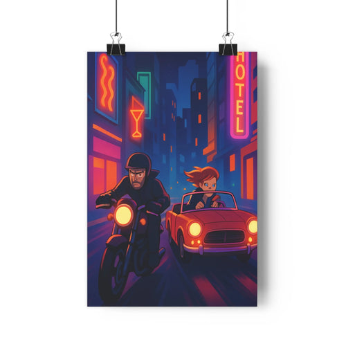 Poster urbain nuit motards voiture rouge néons orangés ambiances intenses courses fuites volumes linéaires modernes bleus contrastants salon chambre