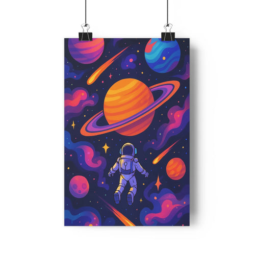 Poster astronaute espace planètes comètes ciel nocturne étoiles bleu violet rouge orange style moderne contours nets ombres douces ambiance fantastique