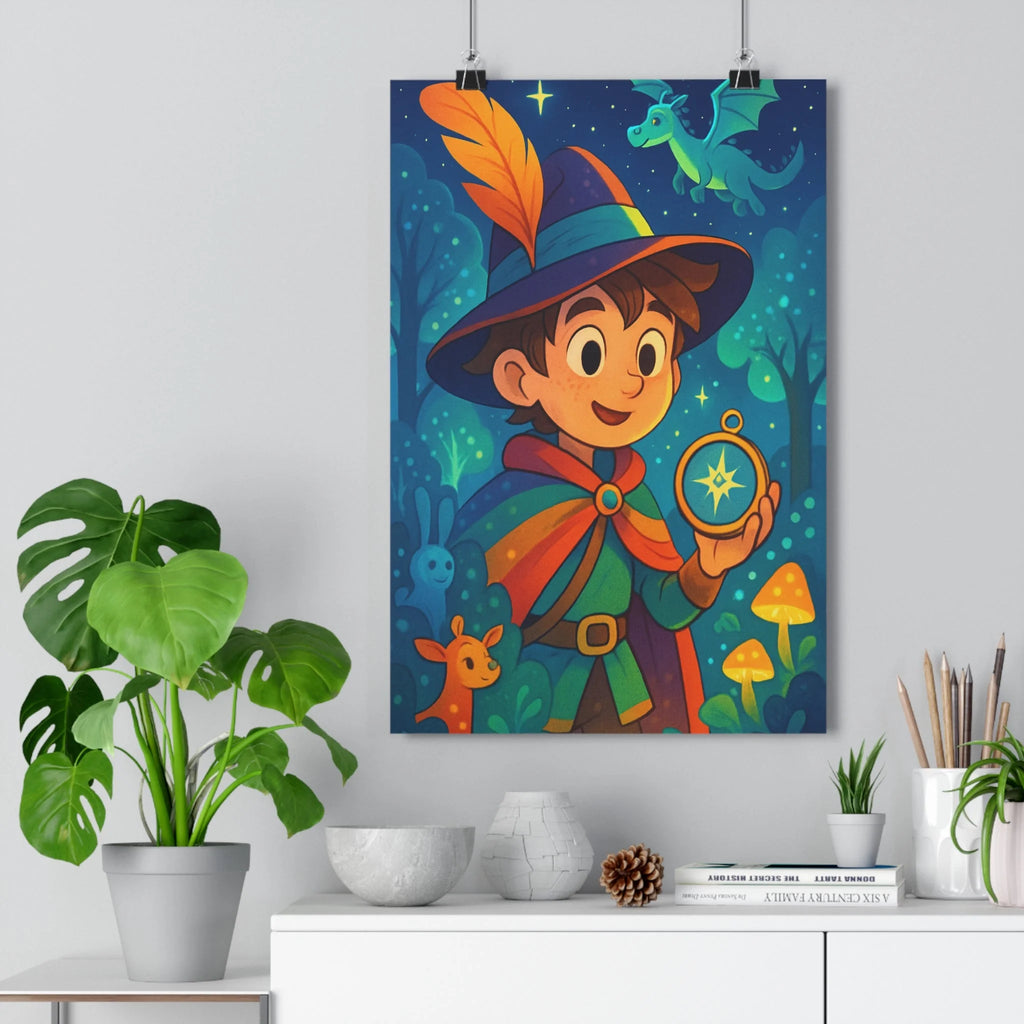 Poster sorcier joyeux dragon étoiles forêt nuit constellation cape multicolore compas lumineux ambiance magique style cartoon légèreté imagination aventure chambre
