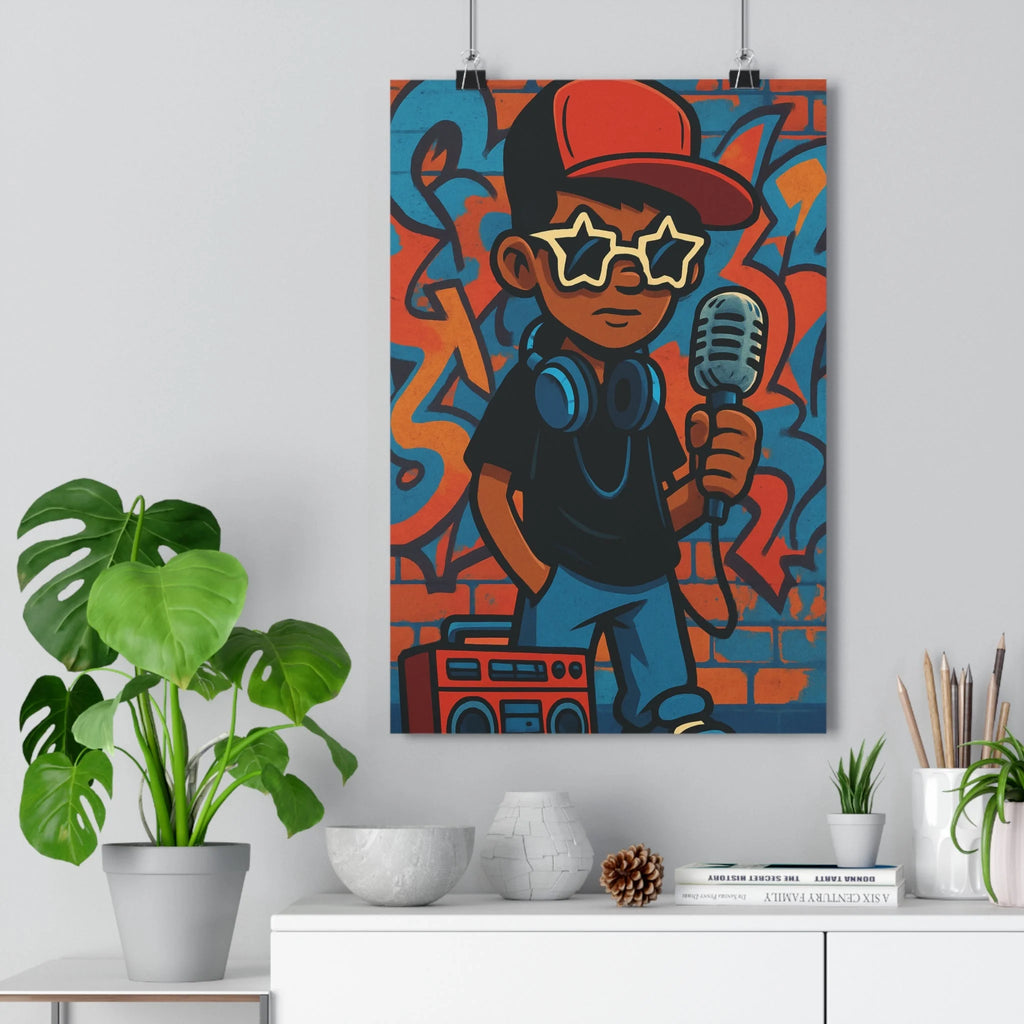 Poster décoratif cartoon rappeur lunettes étoile casquette rouge graffiti bleu orange salon chambre bureau