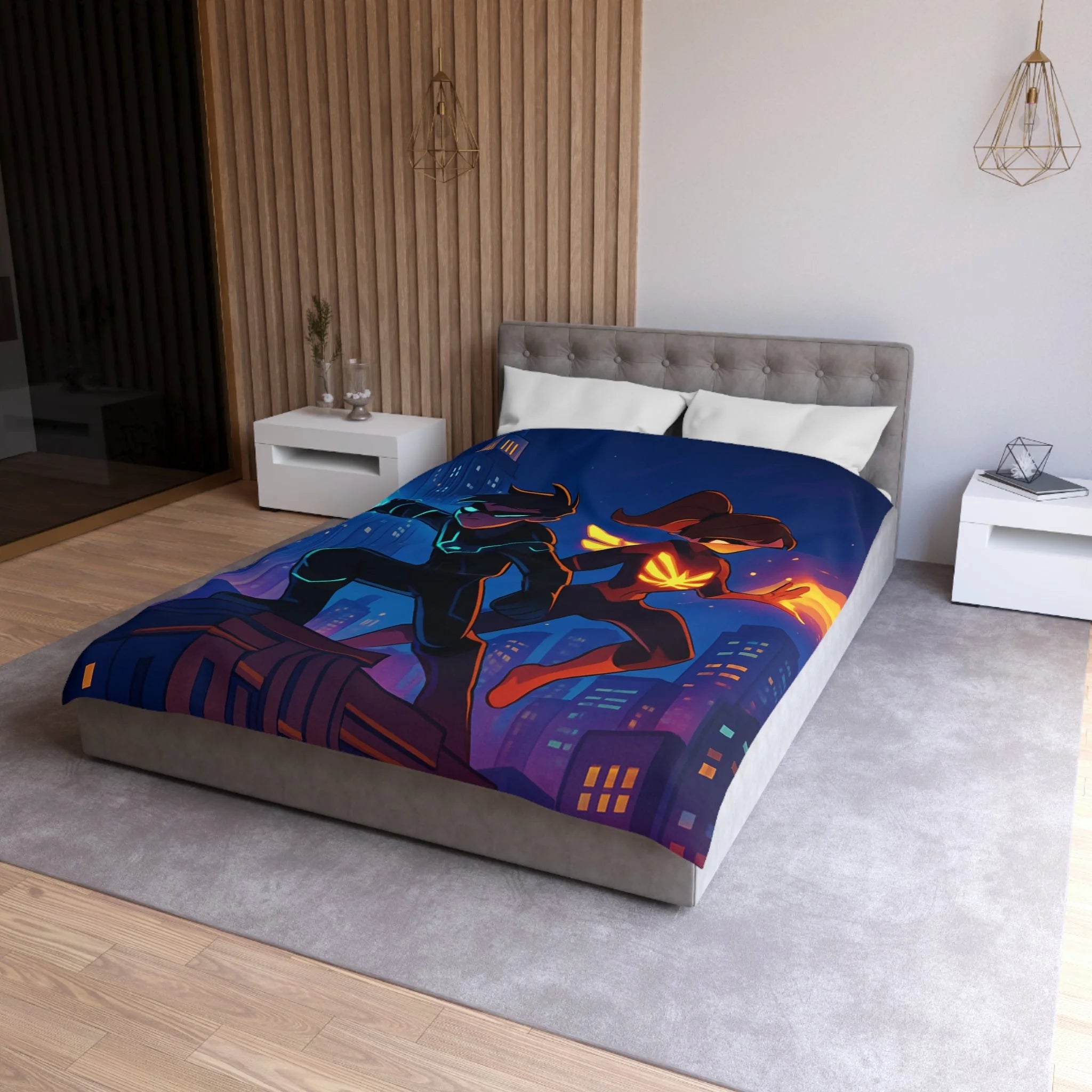 Housse de couette super-héros urbain : ambiance dynamique, couleurs vives, motifs modernes et audacieux