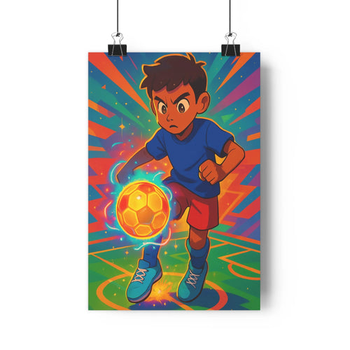 Poster football concentre boule lumineuse fond vibrant rayons couleur maillot bleu shorts rouges chaussures blanches style cartoon énergique ambiance intense