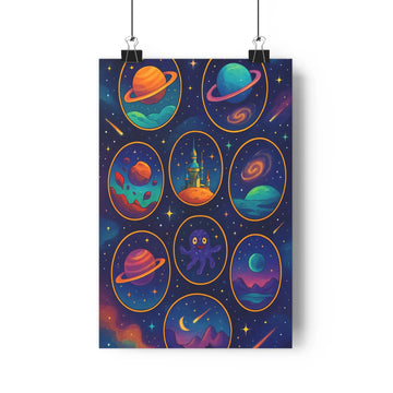 Poster céleste planètes étoiles bleu nuit or structures montagnes éclairs moderne fantastique chambre salon