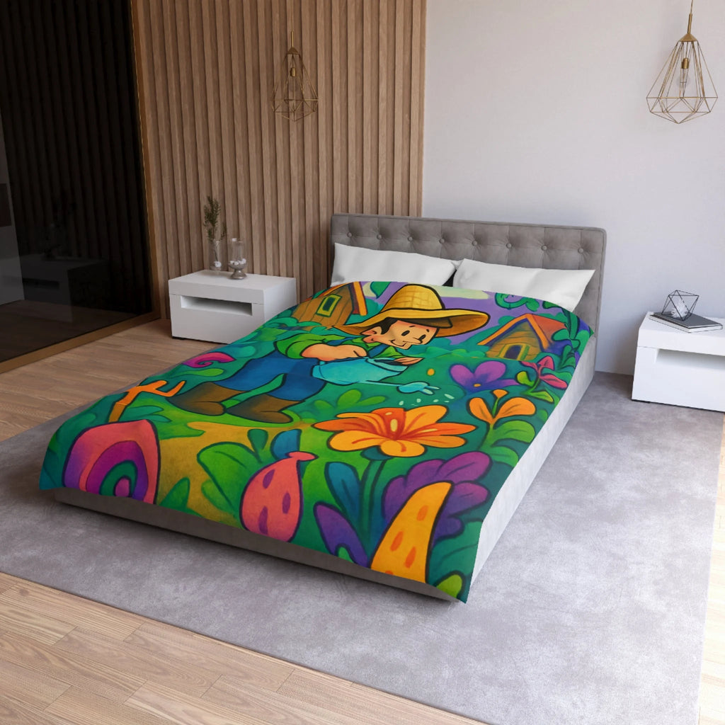 Housse de couette vibrant jardin dessin animé, thème jardinier, ambiance colorée et ludique