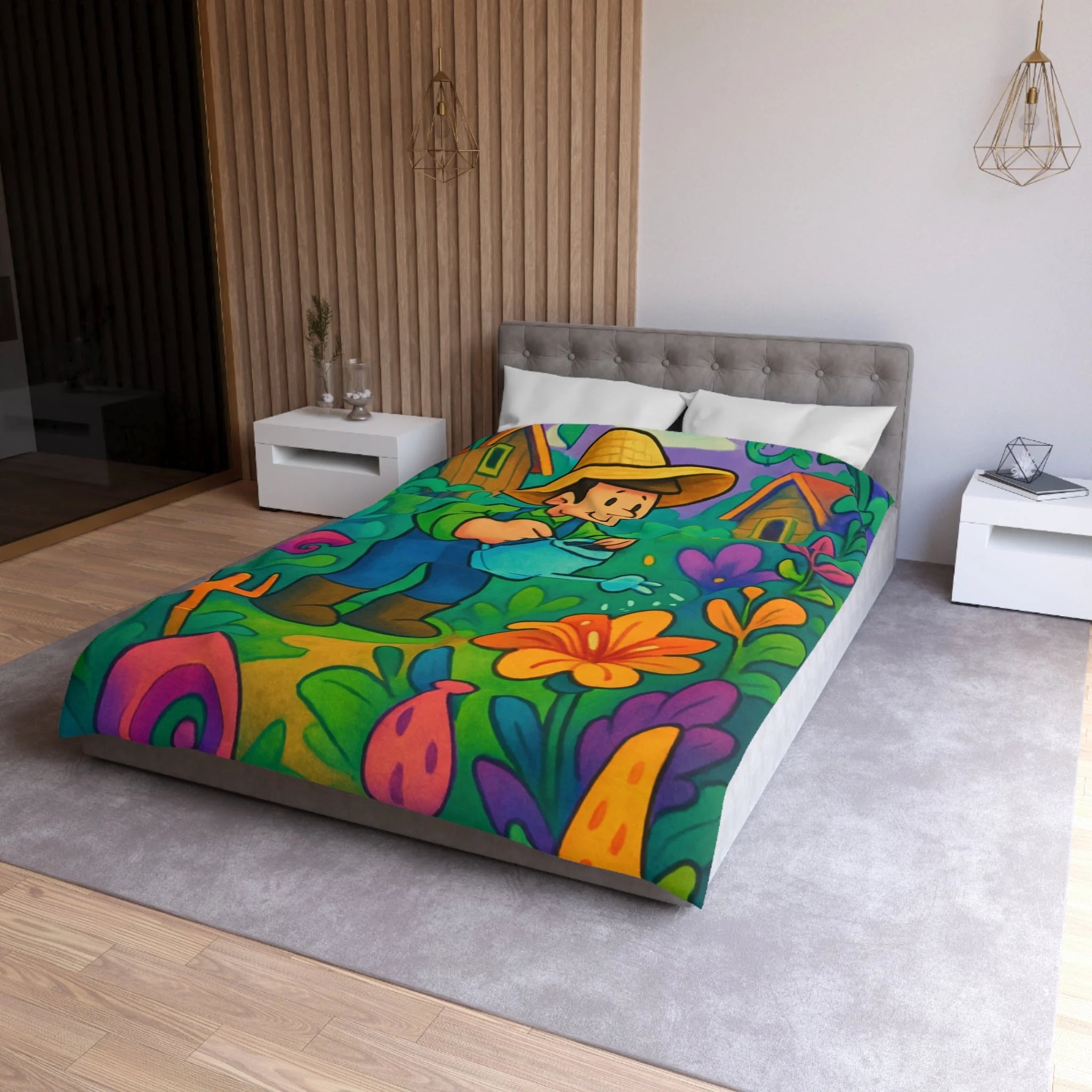 Housse de couette vibrant jardin dessin animé, thème jardinier, ambiance colorée et ludique