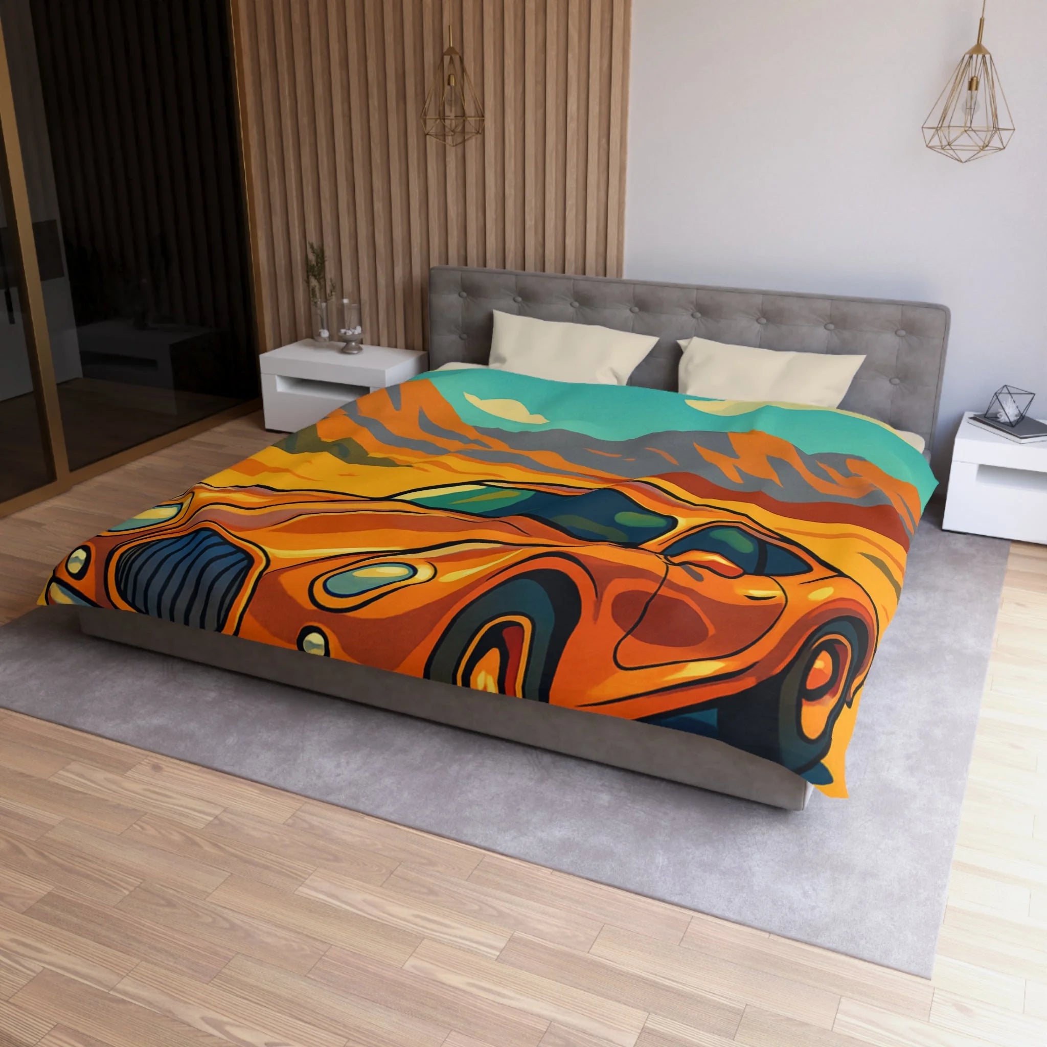 Housse de couette style rétro avec voiture orange désert paisible montagnes lointaines