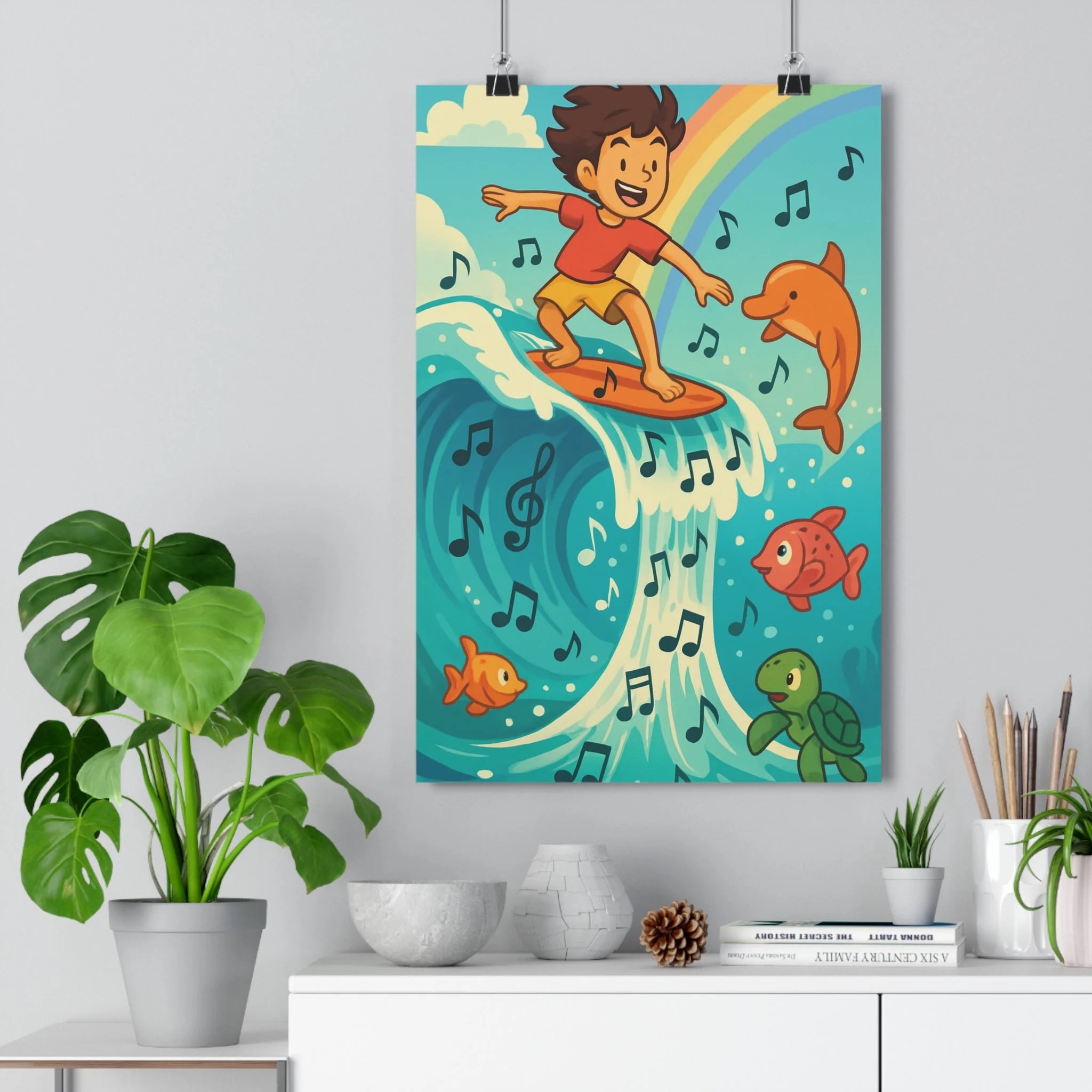 Poster décoratif moderne surf aventure joyeux bleu orange vert enfant ambiance océan rêve artistique
